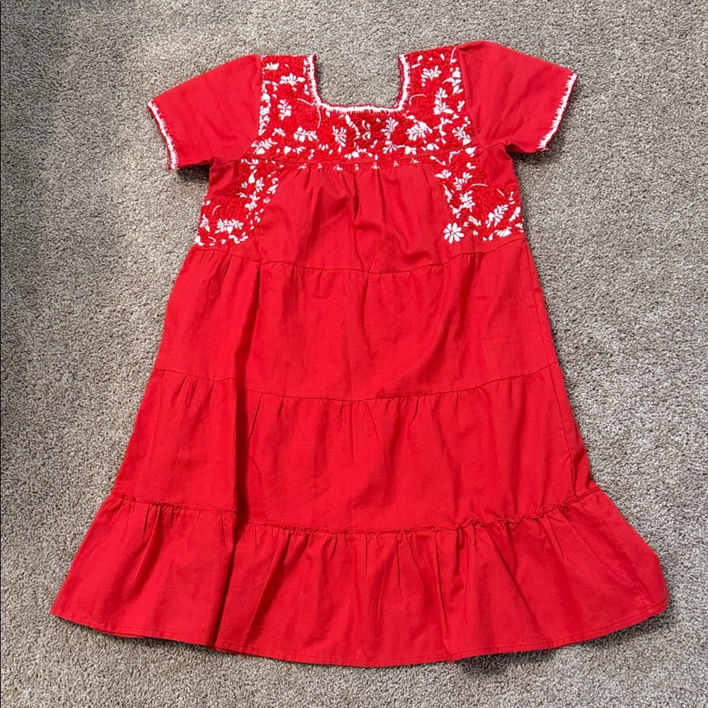 Girls' Red Embroidered Tiered Casual Dress